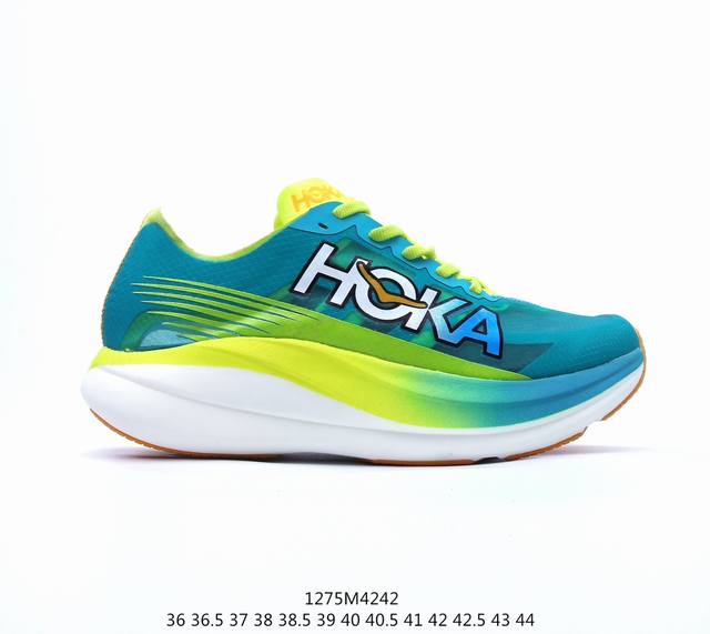 公司级hoka One Oneu Rocketx2 真碳大底 半透明蝉翼鞋面透气跑步鞋 技术合成网眼鞋面 提供如拥抱足部的贴合感 内部中底笼 提供轻量的如拥抱足