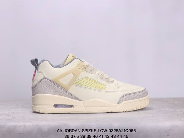 Air Jordan Spizke Low 三合一 乔3乔4乔5结合体 低帮乔丹篮球鞋系列 该款以白色搭配灰棕细节 辅以标志性的爆裂纹元素 经典的白色荔枝皮鞋身