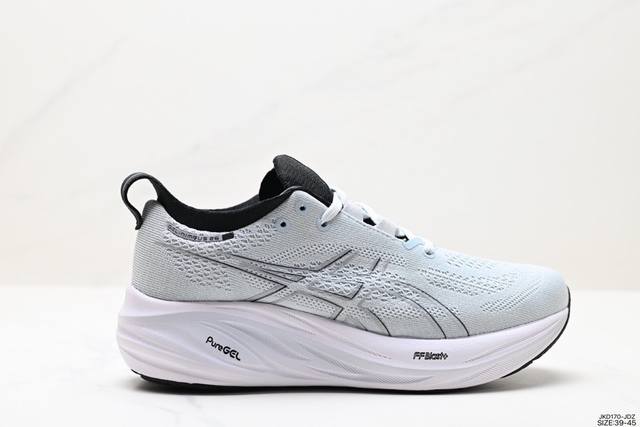 公司级asics 亚瑟士gel-Nimbus 26稳定跑鞋鞋面采用双层提花网面设计，提高包裹性和透气性，后跟搭载稳定系统科技t-Gel提升整体支撑力和结构感，减