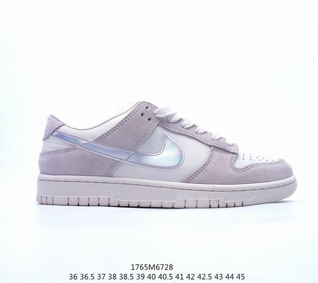 公司福利 Nike Dunk Low Wmns Iridescent Swoosh 耐克 Sb 低帮 米灰镭射勾 鞋身整体采用白色皮革打造，搭配灰色麂皮框架覆盖 - 点击图像关闭