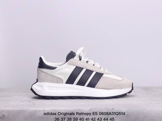 全新boost轻量缓震鞋底材质# 轻盈又不失动感，阿迪达斯adidas Originals Retropy E5 爆米花速度轻盈复古系列百搭透气休闲运动慢跑鞋。