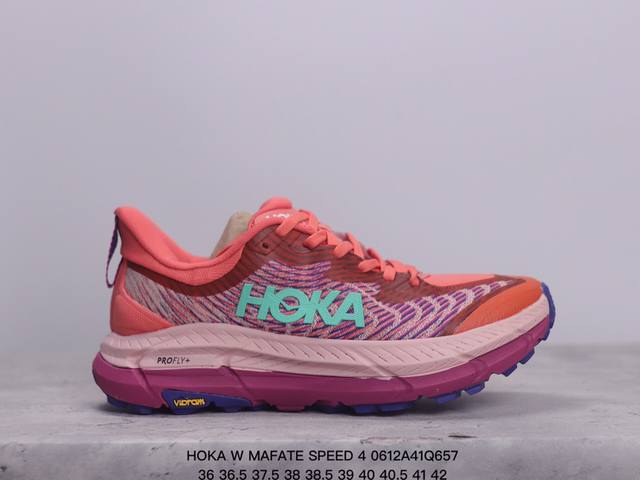 Hoka W Mafate Speed 4 全新配色 品牌来自于新西兰的毛利语，Hoka表示大地，One One表示飞越，连起来就是飞越地平线，Hoka在超厚中