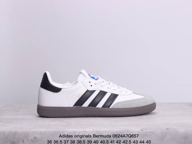 Adidas Originals Bermuda整双鞋以传统的低帮呈现，马卡龙配色的清新造型。鞋身以细腻的绒面麂皮包裹，中底选择了与德训鞋类似的生胶材质打造。并