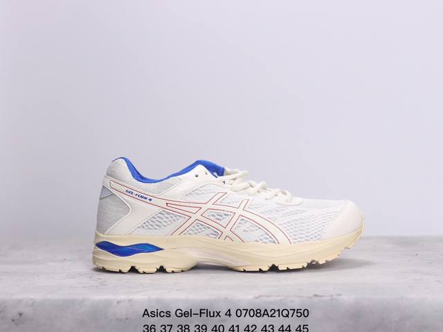 Asics 亚瑟士 Gel-Flux 4 男女子运动鞋舒适跑鞋缓震透气跑步鞋 。Gel-Flux4采用的是新一代轻质网布面，大孔洞设计极具透气性，柔软包覆双脚， - 点击图像关闭