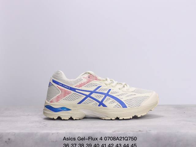 Asics 亚瑟士 Gel-Flux 4 男女子运动鞋舒适跑鞋缓震透气跑步鞋 。Gel-Flux4采用的是新一代轻质网布面，大孔洞设计极具透气性，柔软包覆双脚，