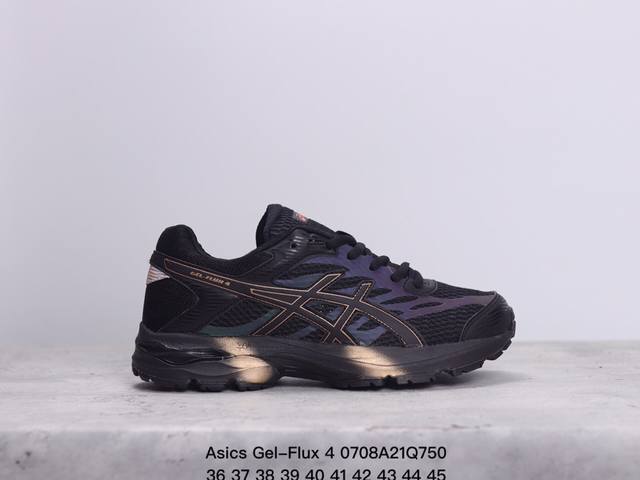 Asics 亚瑟士 Gel-Flux 4 男女子运动鞋舒适跑鞋缓震透气跑步鞋 。Gel-Flux4采用的是新一代轻质网布面，大孔洞设计极具透气性，柔软包覆双脚，