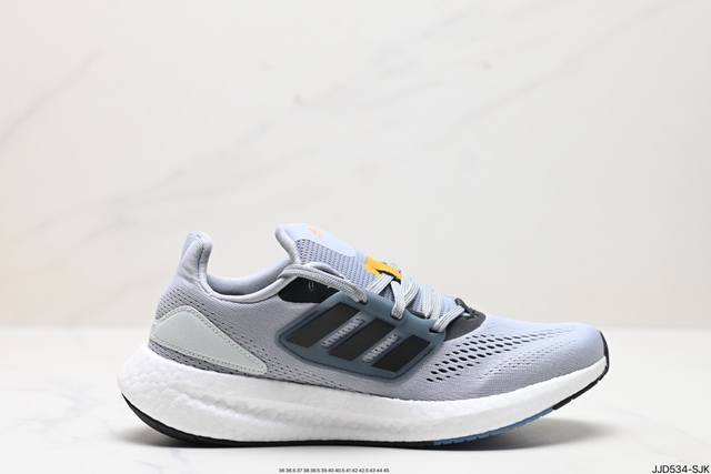 公司级阿迪达斯adidas Pureboost 22爆米花缓震中底跑步鞋。鞋面以织编材质为基底，后及跟脚趾处融全入新设计，通过格网印刷支将撑材料于附鞋面上，既保 - 点击图像关闭