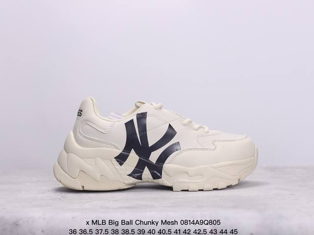 korea韩国限定发售ny美国榄球洋基队限定 X Mlb Big Ball Chunky Mesh 厚底老爹系列低帮网织轻量休闲运动慢跑鞋“网眼象牙白黑ny印花