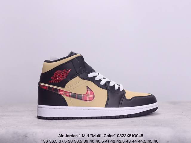 乔丹air Jordan 1 Mid Multi-Color 多色拼接 这款中帮air Jordan 1 Aj1 乔1采用普通皮革打造，搭配尼龙鞋舌。它的整个鞋