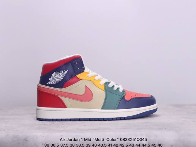 乔丹air Jordan 1 Mid Multi-Color 多色拼接 这款中帮air Jordan 1 Aj1 乔1采用普通皮革打造，搭配尼龙鞋舌。它的整个鞋