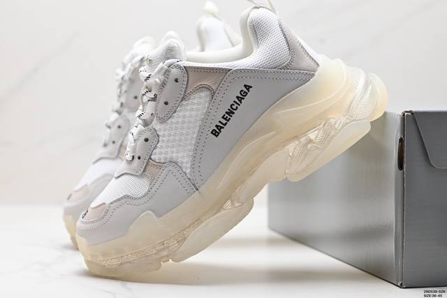 公司级balenciaga巴黎世家 Triple S Clear Sole涤纶织物皮革 减震防滑耐磨 低帮 老爹鞋 正确字体粗细 位置 大小 正确侧边tpu边扣