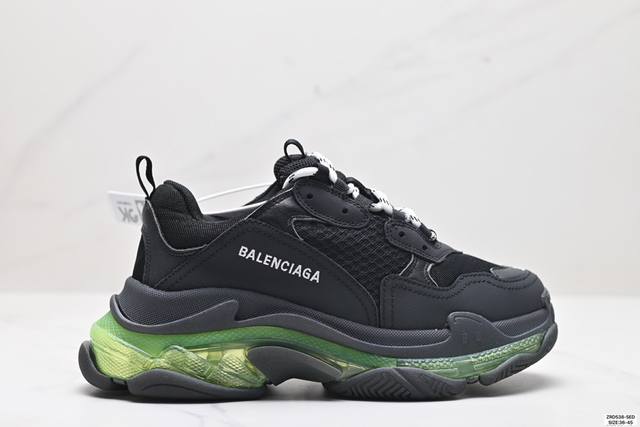 公司级balenciaga巴黎世家 Triple S Clear Sole涤纶织物皮革 减震防滑耐磨 低帮 老爹鞋 正确字体粗细 位置 大小 正确侧边tpu边扣