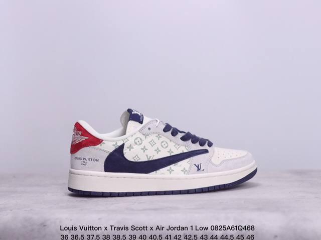 头层带半码 ［定制球鞋］ louis Vuitton X Travis Scott X Air Jordan 1 Low 路易威登 低帮 Lv灰白黑倒勾联名 A