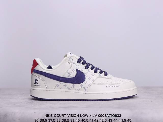 Nike Court Vision Low X Lv 联名小空军 低帮百搭透气休闲运动板鞋。 百搭单品正面、内侧、外侧、前面和后面视角看下这双白又白的小白鞋，它