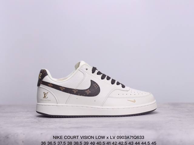 Nike Court Vision Low X Lv 联名小空军 低帮百搭透气休闲运动板鞋。 百搭单品正面、内侧、外侧、前面和后面视角看下这双白又白的小白鞋，它