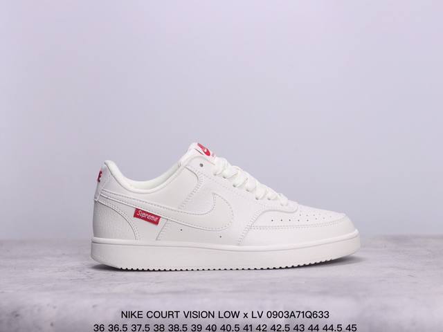 Nike Court Vision Low X Lv 联名小空军 低帮百搭透气休闲运动板鞋。 百搭单品正面、内侧、外侧、前面和后面视角看下这双白又白的小白鞋，它