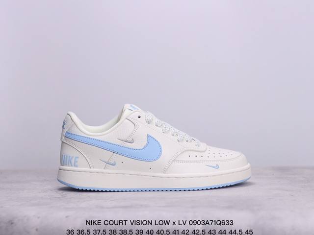 Nike Court Vision Low X Lv 联名小空军 低帮百搭透气休闲运动板鞋。 百搭单品正面、内侧、外侧、前面和后面视角看下这双白又白的小白鞋，它