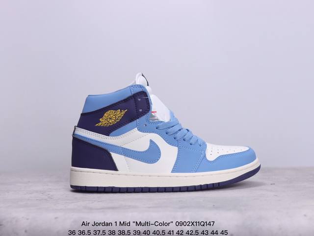 乔丹air Jordan 1 Mid Multi-Color 多色拼接 这款中帮air Jordan 1 Aj1 乔1采用普通皮革打造，搭配尼龙鞋舌。它的整个鞋