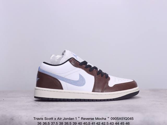 公司级aj1Travis Scott X Air Jordan 1 ” Reverse Mocha “ Aj1乔1 Ts 闪电 联名倒钩 低帮文化篮球鞋 完美品