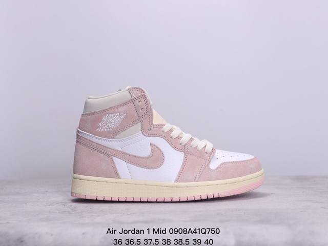 乔丹air Jordan 1 Mid 这款中帮air Jordan 1 Aj1 乔1采用普通皮革打造，搭配尼龙鞋舌。它的整个鞋面采用了几种不同的多色设计，并带有