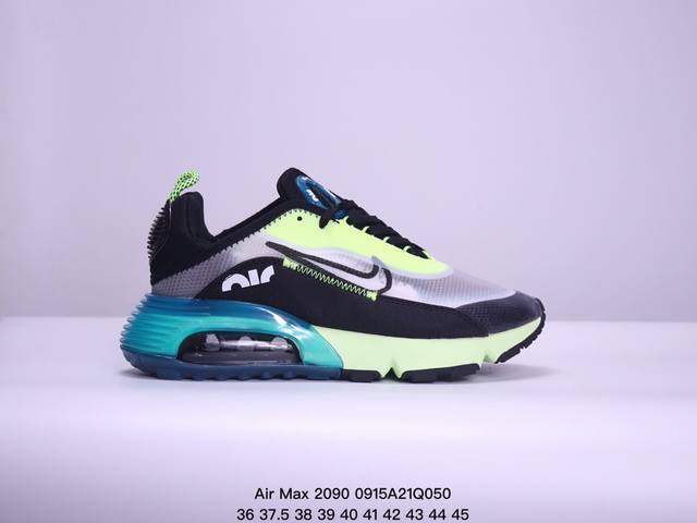 Air Max 2090 蝉翼气垫运动跑鞋 黑绿蓝 Bv9977-001 鞋面采用了当下流行的透明蝉翼材质，不同位置采用不同透明度，带来丰富层次感，更大的全新