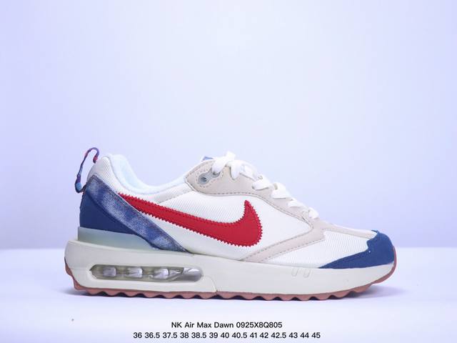 真标耐克nk Air Max Dawn 黎明系列低帮气垫百搭休闲运动慢跑鞋 采用柔软翻毛皮和透气梭织材料打造利落鞋面 中底和鞋跟融入现代感线条设计 兼具复古风格