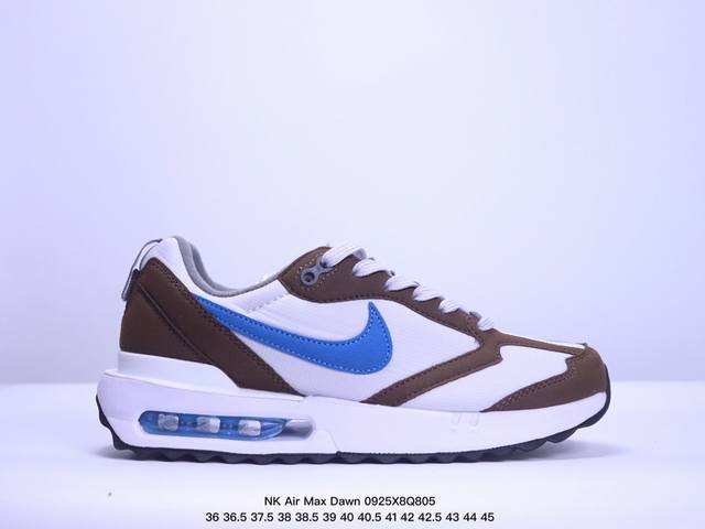 真标耐克nk Air Max Dawn 黎明系列低帮气垫百搭休闲运动慢跑鞋 采用柔软翻毛皮和透气梭织材料打造利落鞋面 中底和鞋跟融入现代感线条设计 兼具复古风格