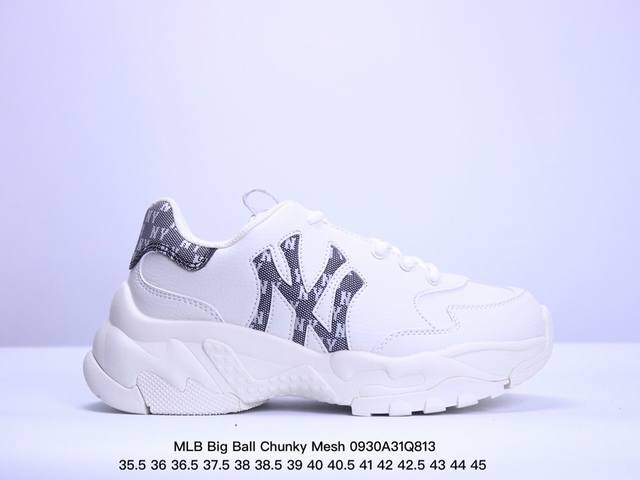 公司级korea韩国限定发售ny美国榄球洋基队限定 X Mlb Big Ball Chunky Mesh 厚底老爹系列低帮网织轻量休闲运动慢跑鞋“网眼象牙白黑n