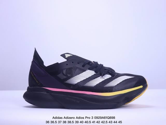 公司级adidas Adizero Adios Pro 3马拉松飞线贾卡轻质透气休闲运动跑步鞋 采用双层透气网纱 Flywire动态飞线绑缚鞋面材质 内置zoo