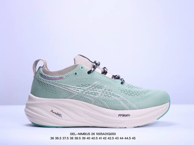 公司级asics 亚瑟士gel-Nimbus 26稳定跑鞋鞋面采用双层提花网面设计，提高包裹性和透气性，后跟搭载稳定系统科技t-Gel提升整体支撑力和结构感，减