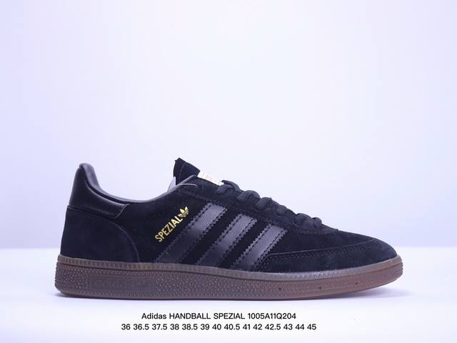 阿迪达斯 Adidas Handball Spezial 三叶草学院风复古休闲德训板鞋 橡胶底柔软绒面革经典运动鞋男女士鞋 圆头、缝合拼接设计、正面绑带、鞋舌部