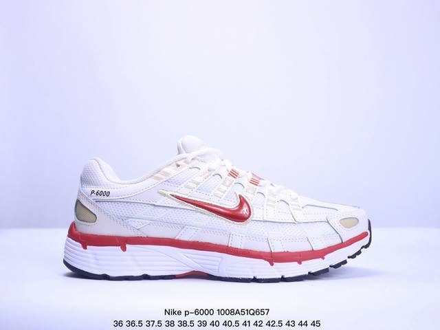 耐克nike P-6000 跑鞋内外侧都用了红色的钩子，采用透气材料，搭配匠心覆面，再现千禧年代的跑鞋风格，塑就大气外观。鞋款秉承 Nike Pegasus 2