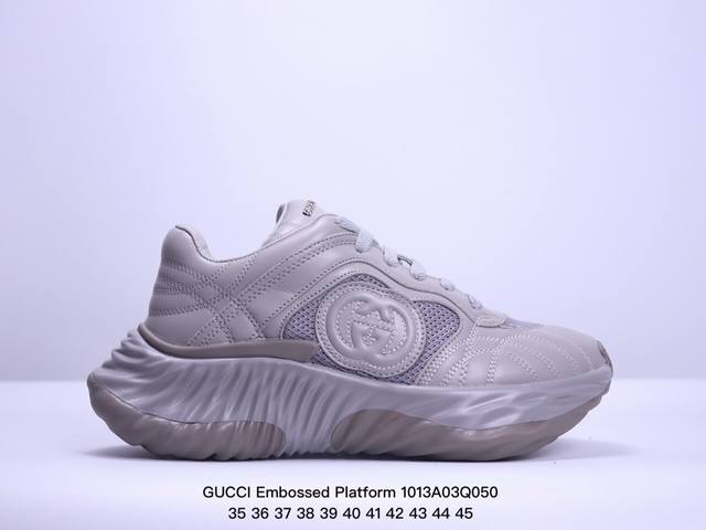 公司级高奢品牌 古驰 Gucci Embossed Platform With Chunky Sneaker 厚底系列低帮松糕百搭皮革休闲运动小白板鞋“皮革燕麦