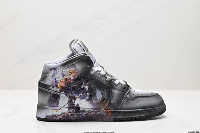 公司级Nike Air Jordan 1 Retro Mid 黑神话悟空 祥云龙纹 复古百搭 中帮板鞋男女球鞋 高端定制 AJ1乔丹一代中帮经典复古文化休闲运动