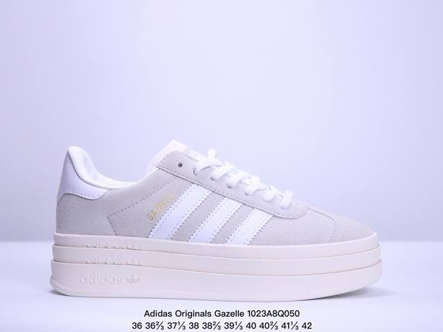 真标Adidas Originals Gazelle Bold W 羚羊松糕系列“翻毛白绿生胶底“ 三叶草厚底休闲防滑耐磨低帮板鞋 鞋头出色设计 塑就出众贴合感