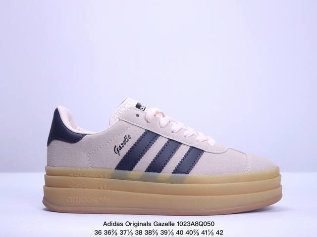 真标Adidas Originals Gazelle Bold W 羚羊松糕系列“翻毛白绿生胶底“ 三叶草厚底休闲防滑耐磨低帮板鞋 鞋头出色设计 塑就出众贴合感