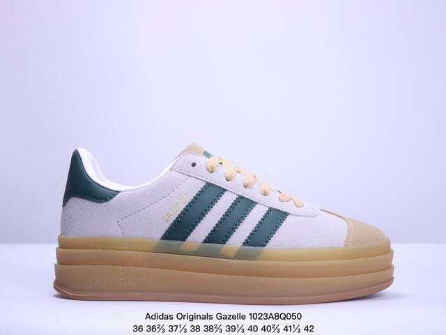 真标Adidas Originals Gazelle Bold W 羚羊松糕系列“翻毛白绿生胶底“ 三叶草厚底休闲防滑耐磨低帮板鞋 鞋头出色设计 塑就出众贴合感