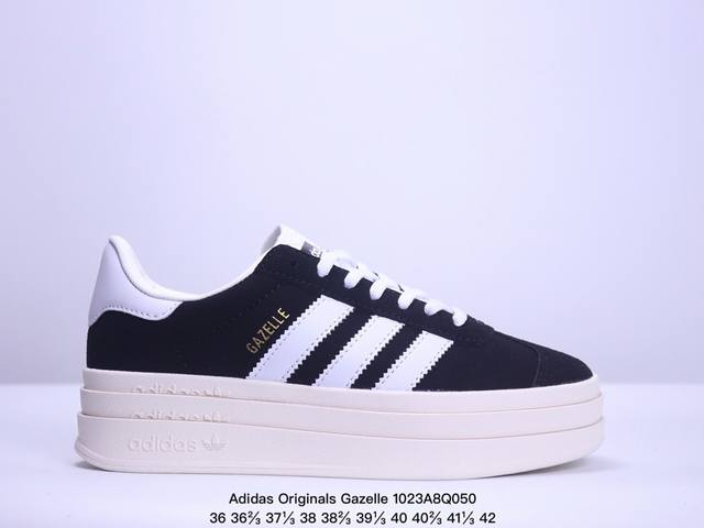 真标Adidas Originals Gazelle Bold W 羚羊松糕系列“翻毛白绿生胶底“ 三叶草厚底休闲防滑耐磨低帮板鞋 鞋头出色设计 塑就出众贴合感