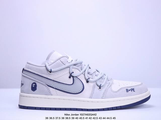 海外爆款限量发售！公司级 Nike Jordan Air Jordan 1“Bape联名 灰蓝抽绳” 高端定制 低帮 复古 减震 防滑 耐磨 篮球鞋 定制鞋盒