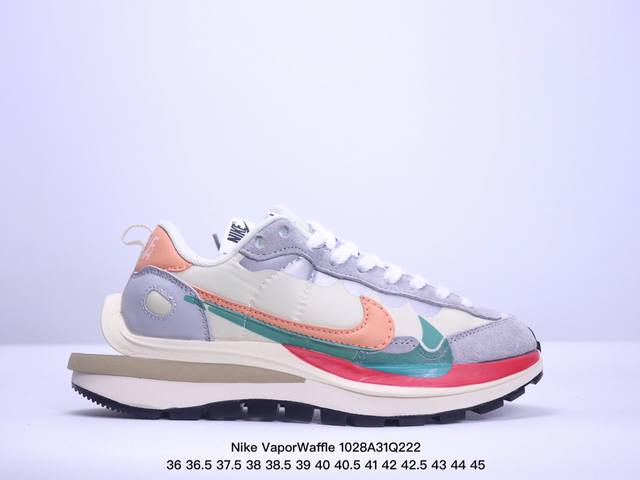 Sacai x Nike VaporWaffle royal fuchsia网布绒面革一脚蹬 运动减震防滑耐磨透气轻便低帮生活休闲鞋男女同款灰白 XM1028Q