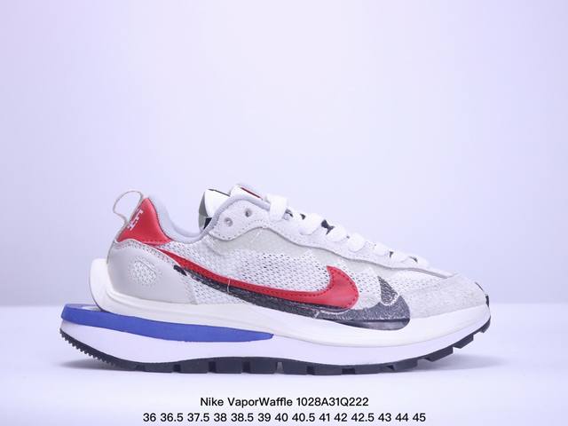 Sacai x Nike VaporWaffle royal fuchsia网布绒面革一脚蹬 运动减震防滑耐磨透气轻便低帮生活休闲鞋男女同款灰白 XM1028Q