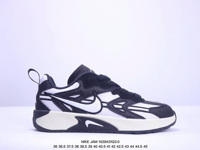 耐克NIKE JAM 系列舒适时尚防滑耐磨低帮生活休闲鞋 采用鞋面合成皮革与网眼布设计 以便于运动员在霹雳舞运动中的保护和耐穿 中底设计细节采用翻转SWOOSH