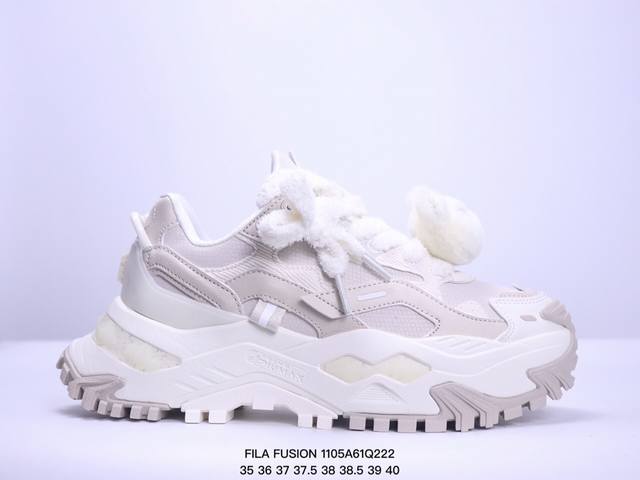 FILA FUSION斐乐潮牌BIANCO 海盗熊时尚舒适增高包裹性吸汗透气低帮生活休闲鞋女款卷轴棕 椰浆白 XM 5Q222