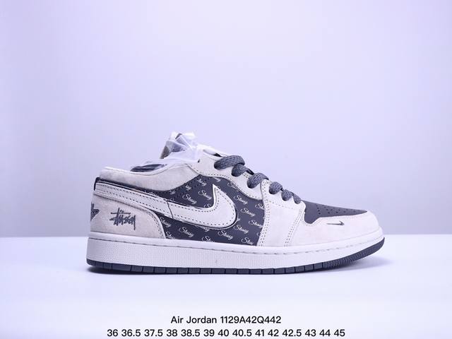 海外爆款限量发售！公司级 Nike Jordan Air Jordan 1“斯图西联名 灰猪八英文黑底” 高端定制 低帮 复古 减震 防滑 耐磨 篮球鞋 定制鞋