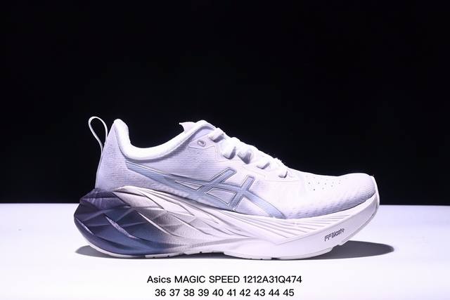 公司级asics 亚瑟士magic Speed 4稳定跑鞋鞋面采用双层提花网面设计，提高包裹性和透气性，后跟搭载稳定系统科技t-Gel提升整体支撑力和结构感，减