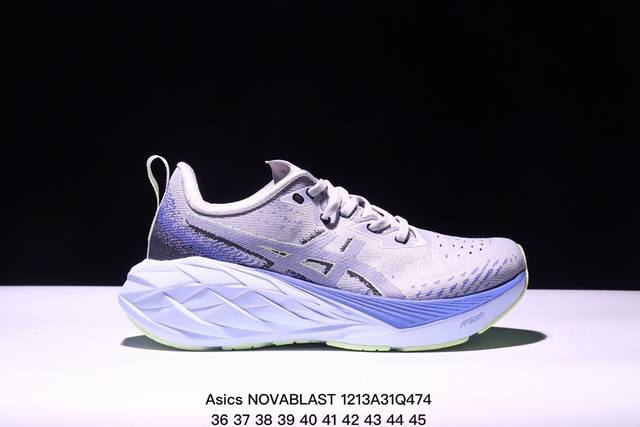 Asics亚瑟士 Novablast 4 轻量缓震透气休闲跑步鞋。相较上代最大的改变就是中底从前两代的ffblast升级到了ffblast+，初上脚的静态脚感不