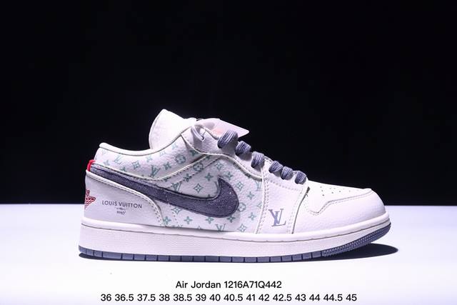 海外爆款限量发售！公司级 Nike Jordan Air Jordan 1“Lv联名 印花米白” 高端定制 低帮 复古 减震 防滑 耐磨 篮球鞋 定制鞋盒 大厂