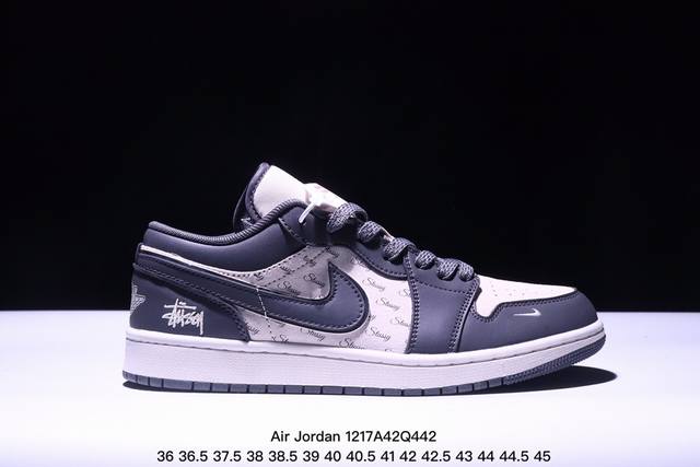 海外爆款限量发售！公司级 Nike Jordan Air Jordan 1“斯图西联名 信号黑” 高端定制 低帮 复古 减震 防滑 耐磨 篮球鞋 定制鞋盒 大厂