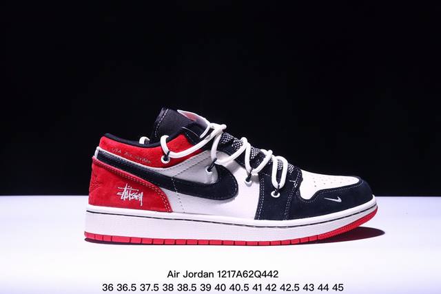 海外爆款限量发售！公司级 Nike Jordan Air Jordan 1“斯图西联名 黑红抽绳” 高端定制 低帮 复古 减震 防滑 耐磨 篮球鞋 定制鞋盒 大