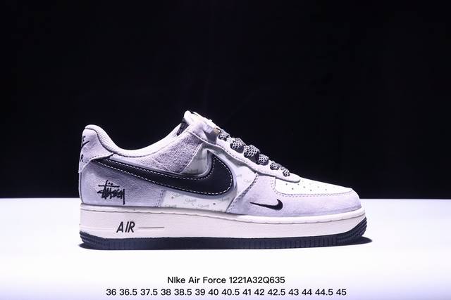 海外限量发售！公司级nike Air Force 1 '07 Low “斯图西联名--灰猪八黑勾”空军一号 低帮 运动鞋 休闲鞋 折边针车 工艺难度大 原楦头原